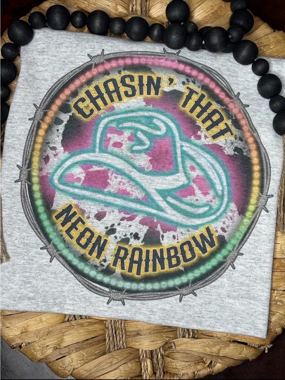Chasin neon rainbow cowboy western hat rhinestone boho graphic tunic top tee